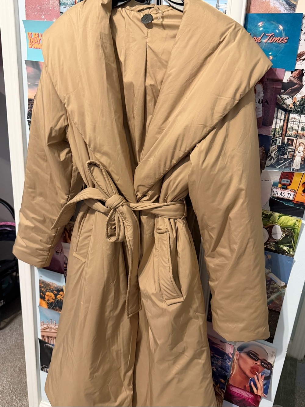 Kobi Halperin Tan Quilted Trench Coat with Metal Logo Tag